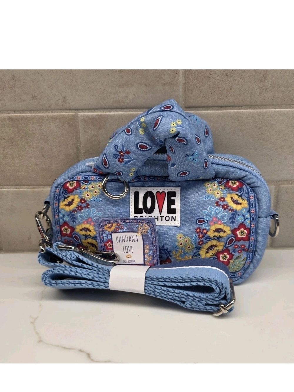 Brighton LOVE Bandana Floral Small Crossbody Bag Purse Blue 8" x 4" New NWT